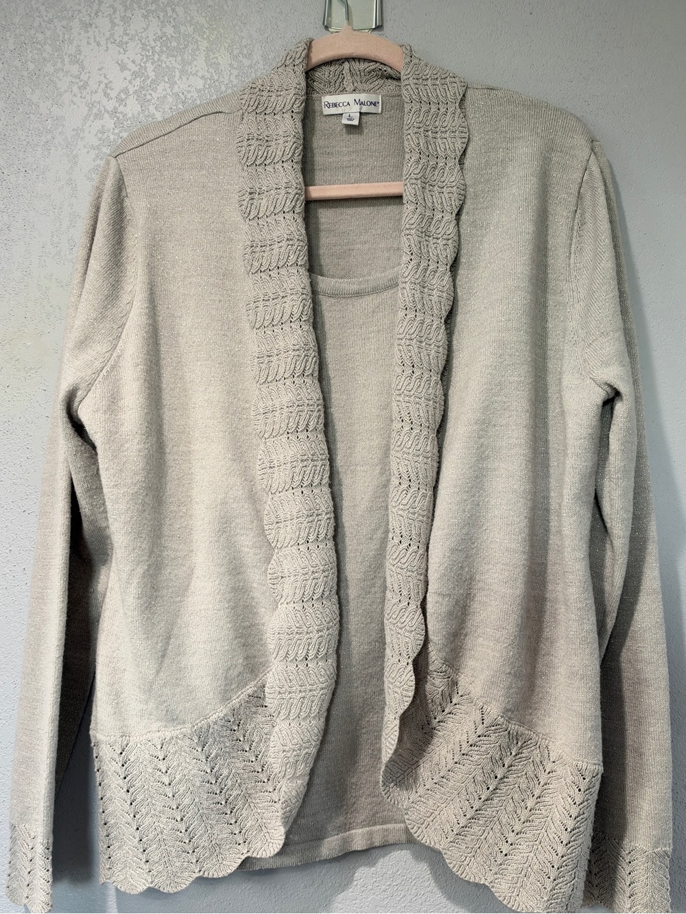 Rebecca Malone Large light gray metallic pull-over Knit Cardigan w/attached tank